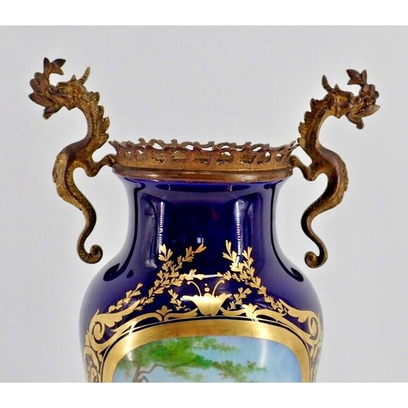 French Sevres Signed Porcelain Cobalt Blue Gilded Vase Bronze Dragon Handles 19C - Picture 8 of 11